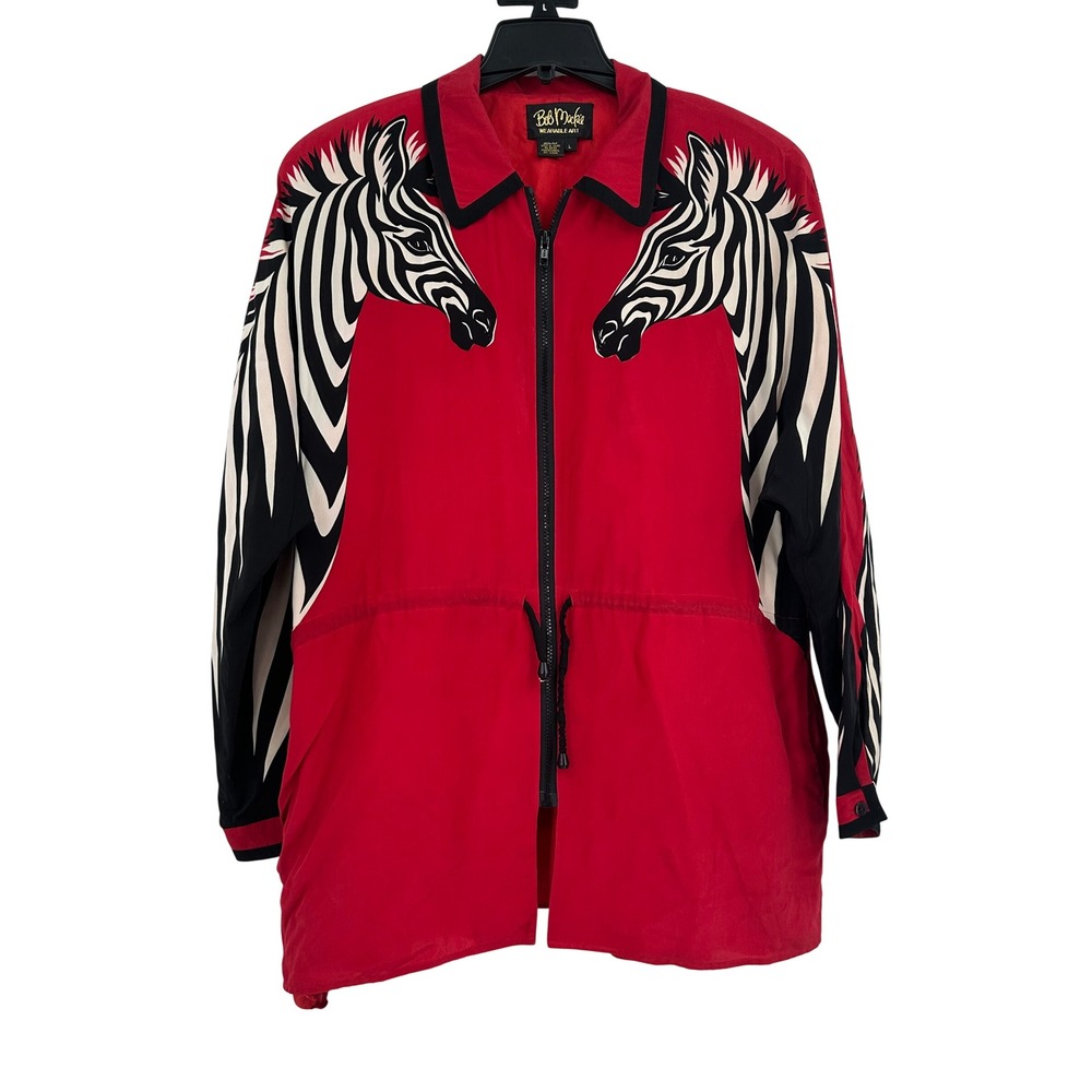 Bob Mackie Wearable Art VTG Red Silk Zebra Print Zip Up Jacket Women Large